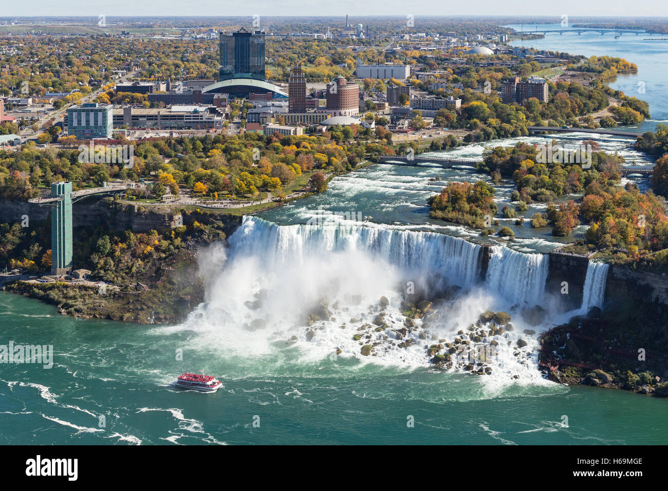 An aerial view of the American Falls and Niagara Falls, New York during autumn. Stock Photo