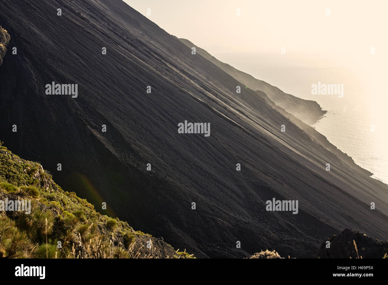 Stroboli, Aeolian islands/Italy – September 17th, 2016.Stromboli side view of lava flow. Stock Photo