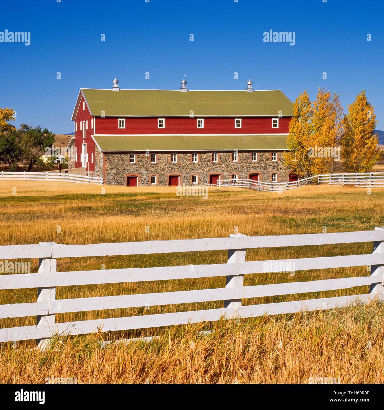 historic barn in autumn at the kleffner ranch near east helena, montana Stock Photo