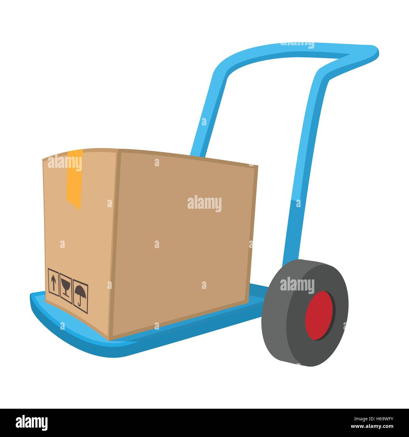 Blue hand cart with cardboard box cartoon icon Stock Vector