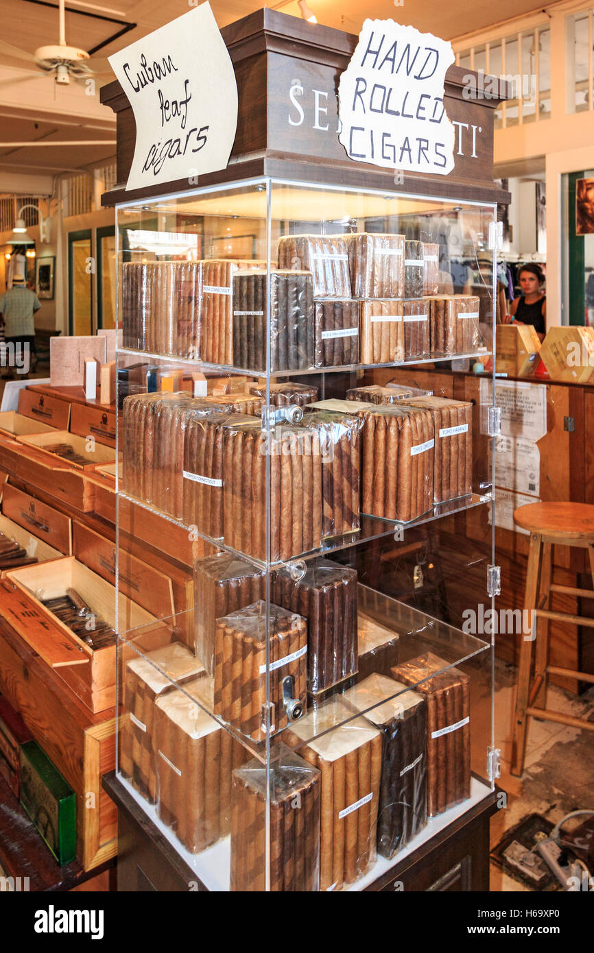 Hand rolled cigars advertising made from Cuban leaves in mall shop in