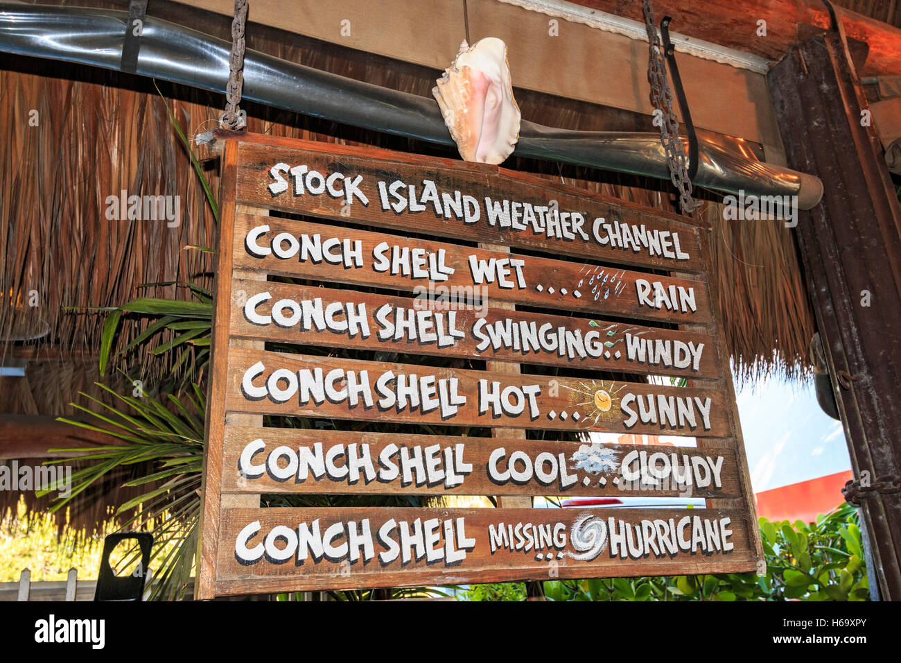 Quirky sign at Hogfish Bar & Grill. A great, local, authentic place for fish on Stock Island in the Florida Keys. Stock Photo