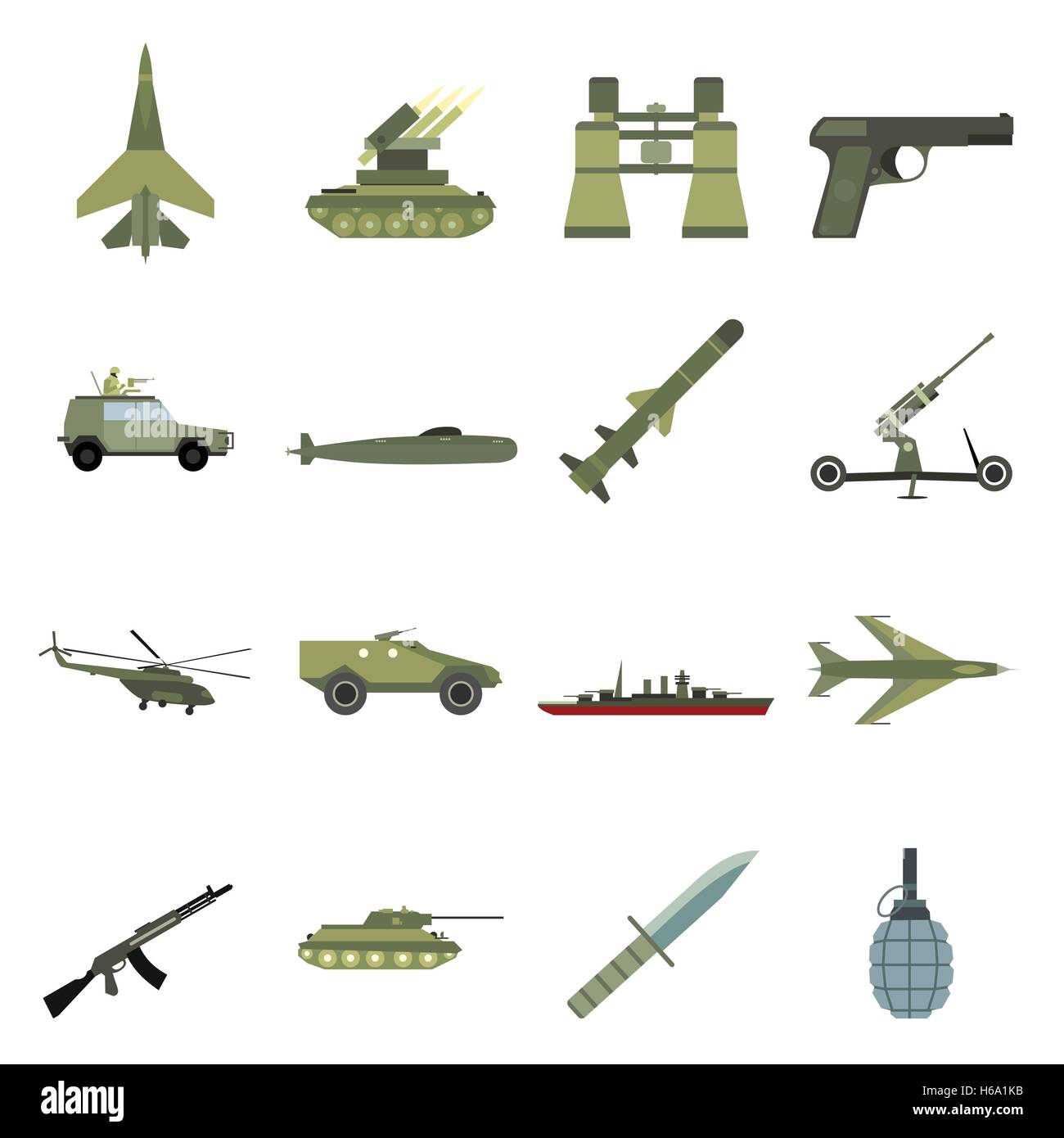 16 weapon flat icons set Stock Vector