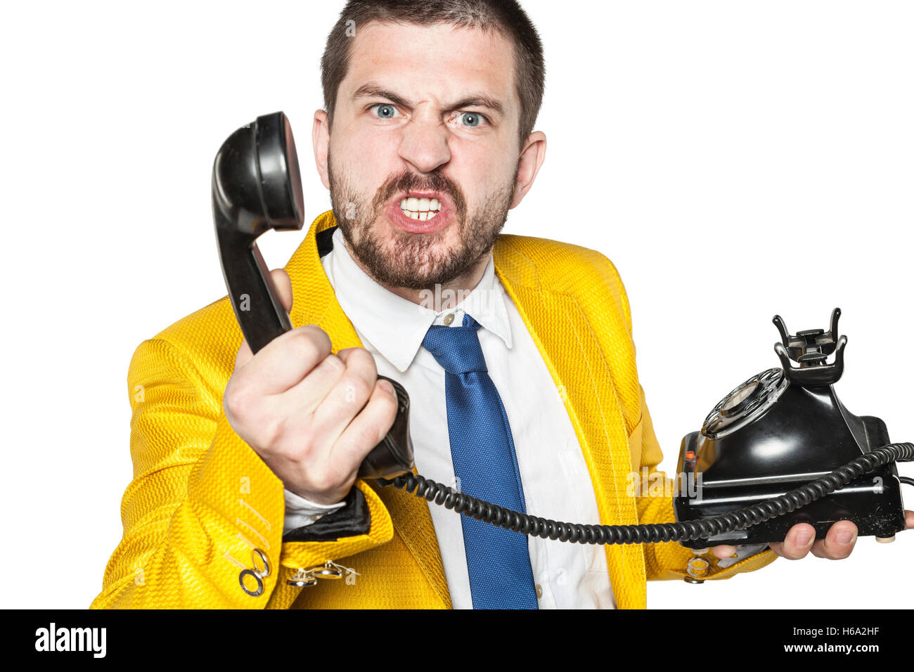 customer explodes with anger when talking to call center Stock Photo ...