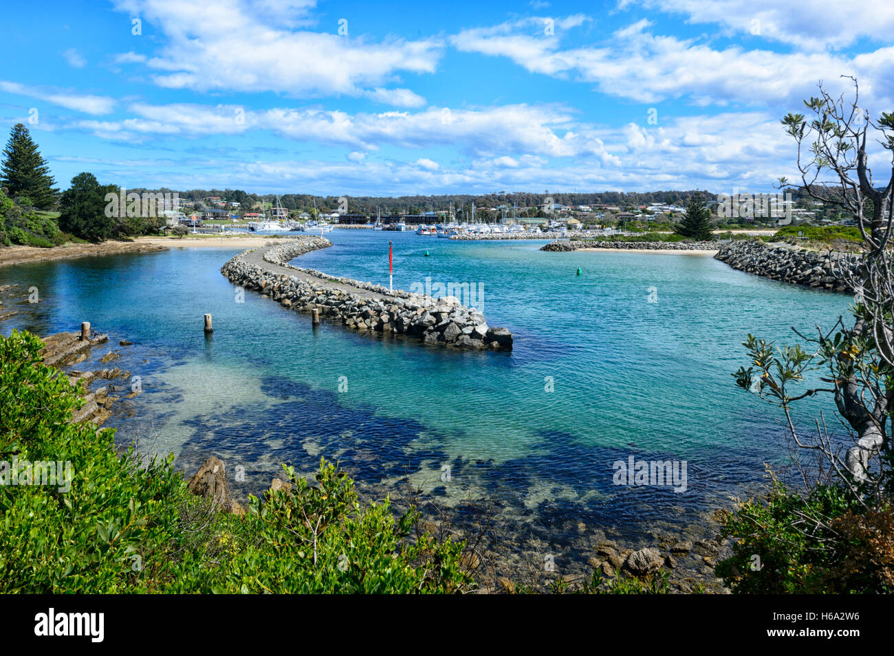 View of the breakwall at Bermagui, Sapphire Coast, South Coast, New South Wales, NSW, Australia Stock Photo