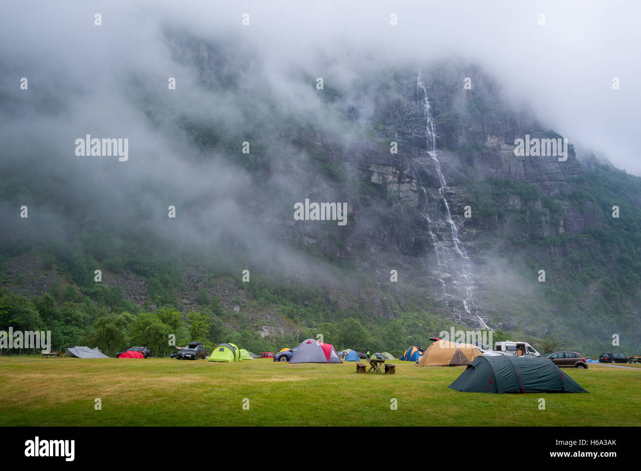 Tents at Lusebotn camping under the mountain. Lyse fjord, Norway. Stock Photo