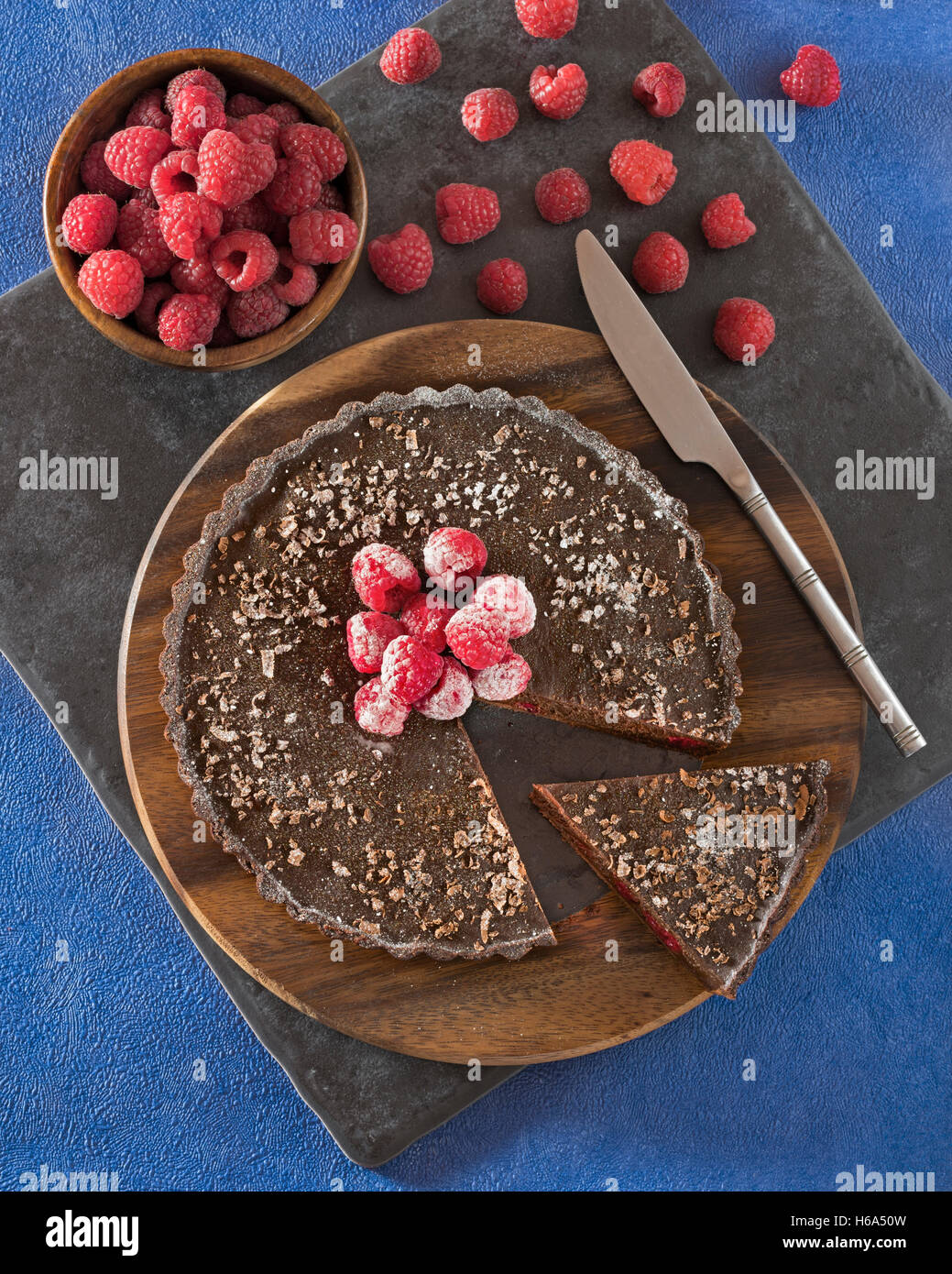 Chocolate and raspberry tart. Stock Photo