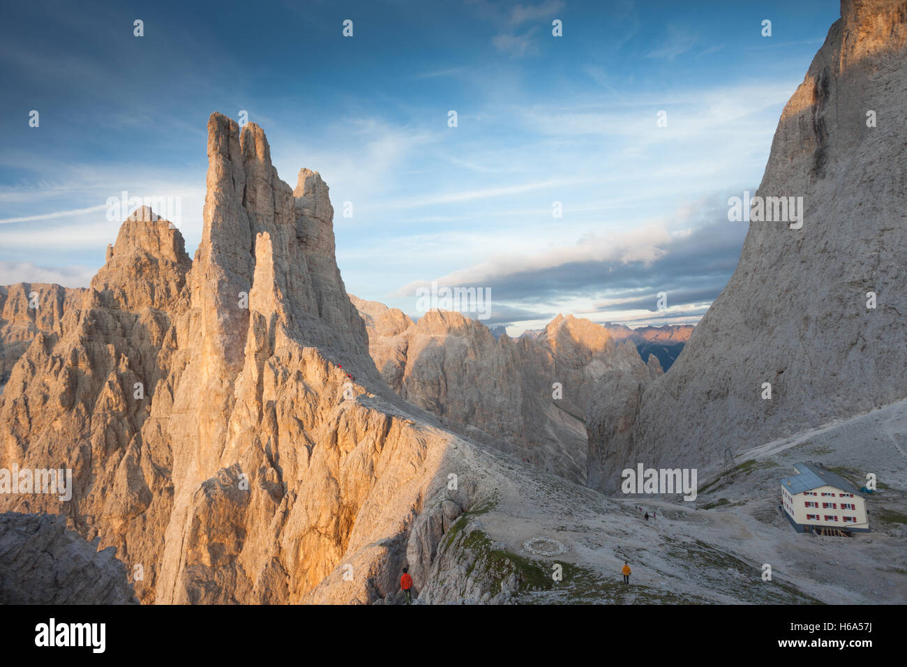 Sunset over the Vajolet towers in Dolomites Stock Photo - Alamy