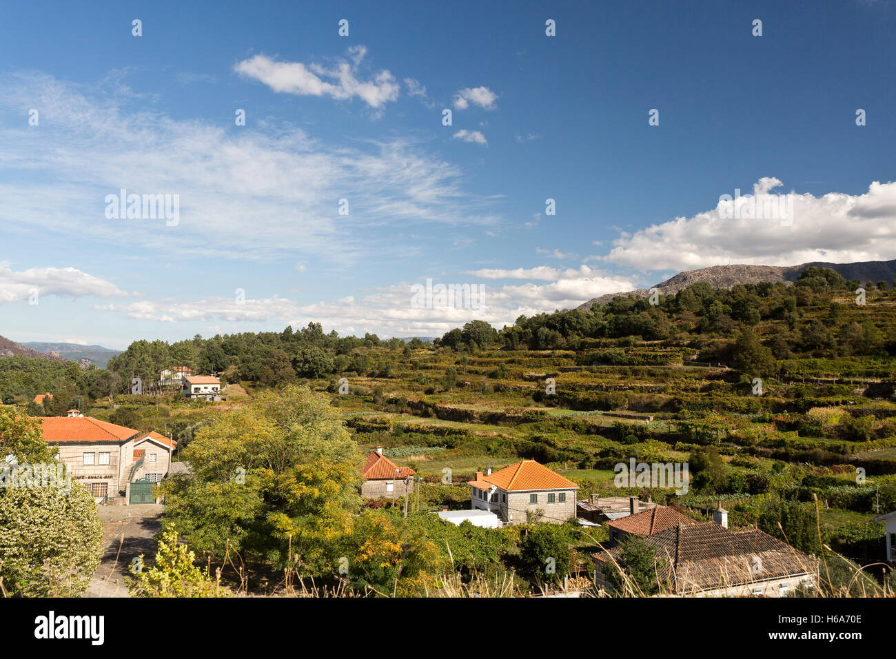 View of the village of Lindoso near the Alto Lindoso Dam on the Lima River, Portugal Stock Photo