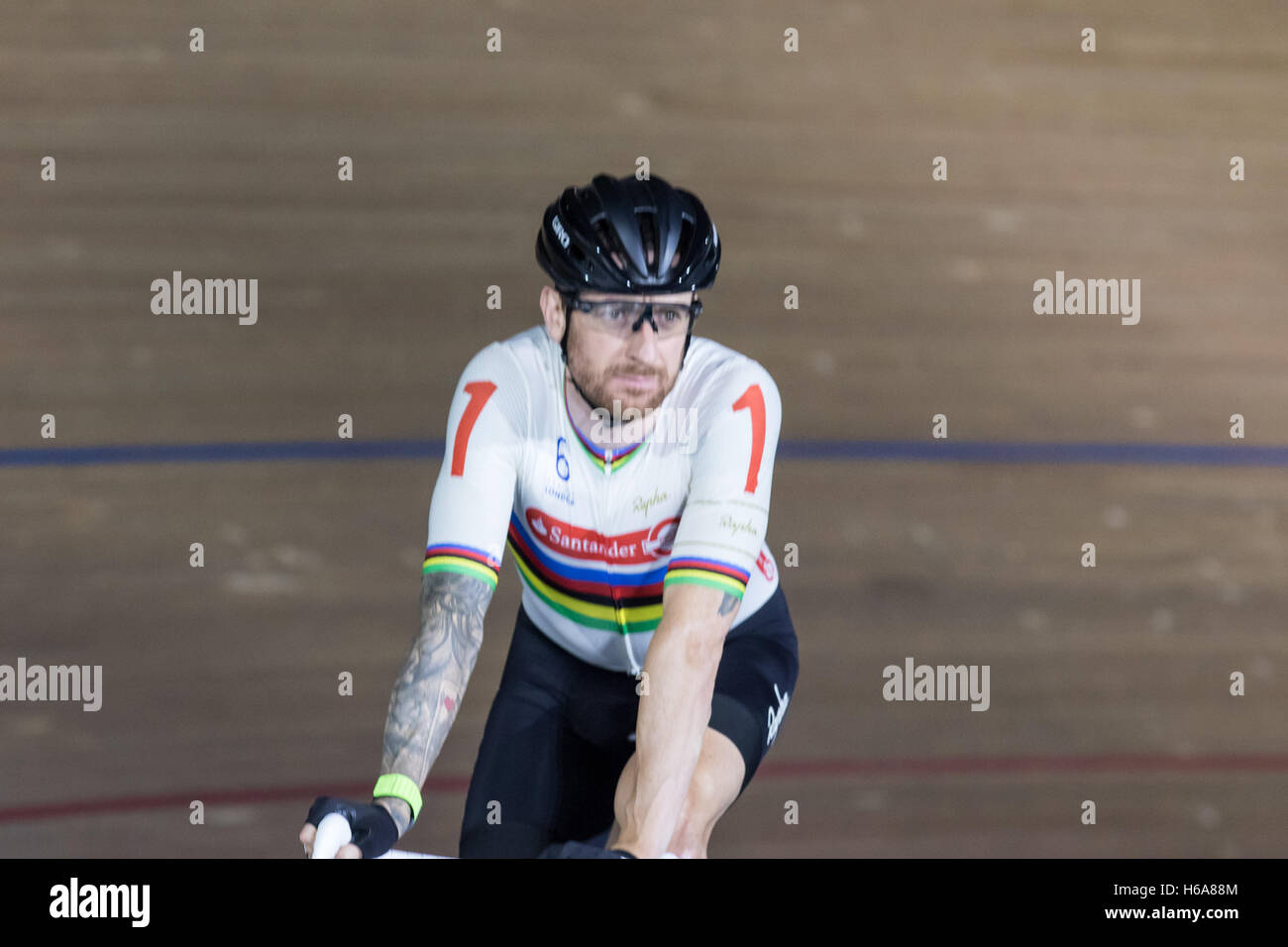 London, UK  25th October, 2016.  Bradley Wiggins. Cyclists compete  in the first day of  the London Six Day cycling event.  Lee Valley Velodrome, Olympic Park, London, UK. Copyright Carol Moir/Alamy Live News. Stock Photo