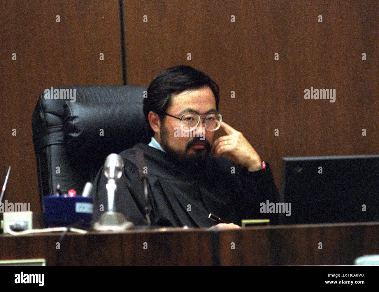 Los Angeles, California, USA. 13th July, 1995. Superior Court Judge Lance Ito presides during the trial of former NFL star running back O.J. Simpson for the murder of his former wife, Nicole Brown Simpson and a friend of hers, restaurant waiter, Ron Goldman in Los Angeles County Superior Court in Los Angeles, California on July 13, 1995.Credit: Steve Grayson/Pool via CNP © Steve Grayson/CNP/ZUMA Wire/Alamy Live News Stock Photo