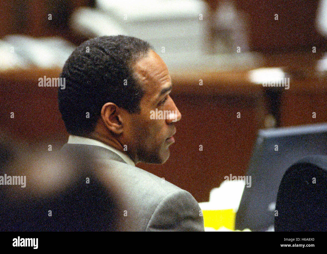 Los Angeles, California, USA. 13th July, 1995. Former NFL star running back O.J. Simpson looks on during his trial of for the murder of his former wife, Nicole Brown Simpson and a friend of hers, restaurant waiter, Ron Goldman in Los Angeles County Superior Court in Los Angeles, California on July 13, 1995.Credit: Steve Grayson/Pool via CNP © Steve Grayson/CNP/ZUMA Wire/Alamy Live News Stock Photo