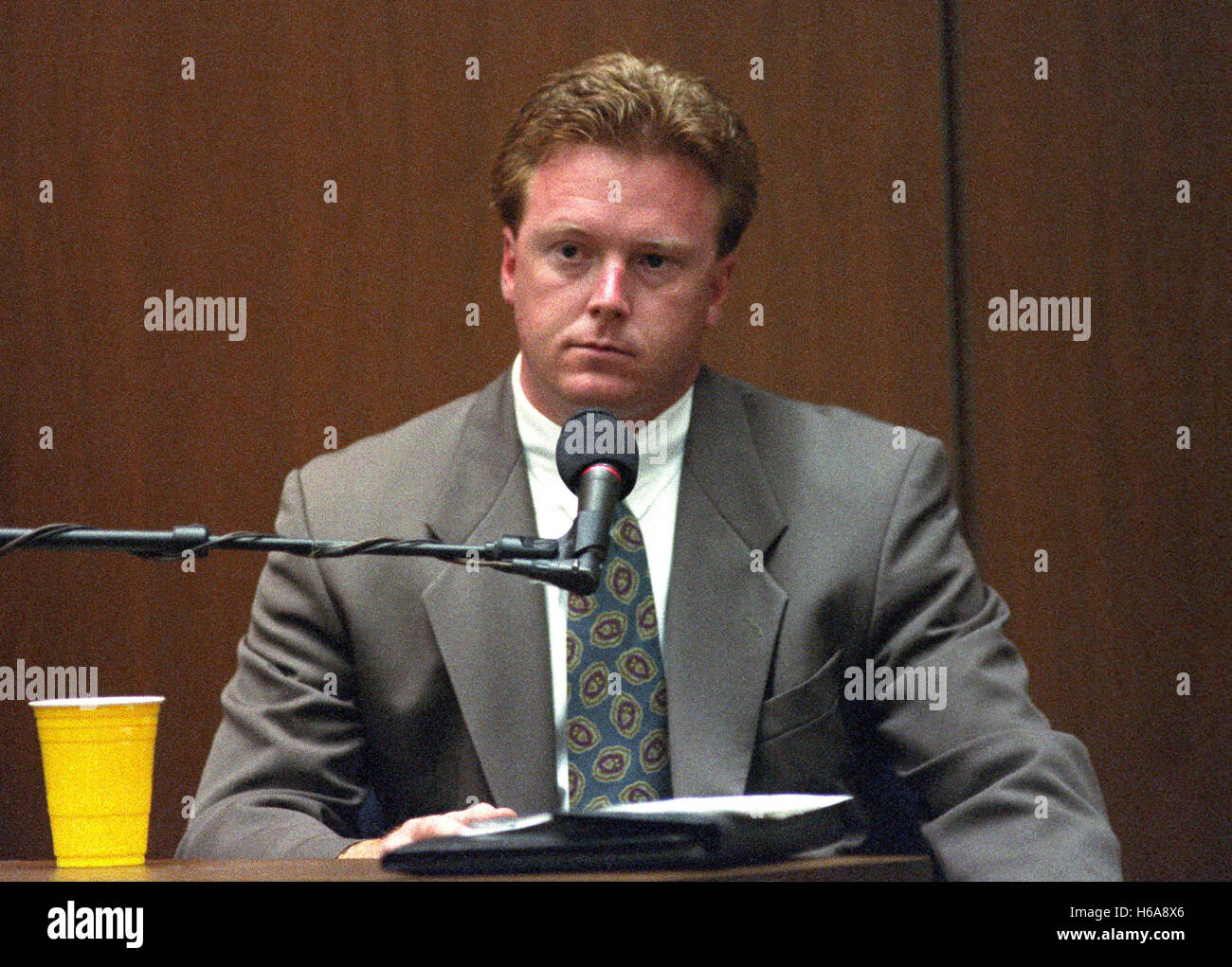 July 13, 1995 - Los Angeles, California, United States of America - Jim Merrill of the Hertz Corporation, is on the witness stand during the trial of former NFL star running back O.J. Simpson for the murder of his former wife, Nicole Brown Simpson and a friend of hers, restaurant waiter, Ron Goldman in Los Angeles County Superior Court in Los Angeles, California on July 13, 1995..Credit: Steve Grayson / Pool via CNP (Credit Image: © Steve Grayson/CNP via ZUMA Wire) Stock Photo