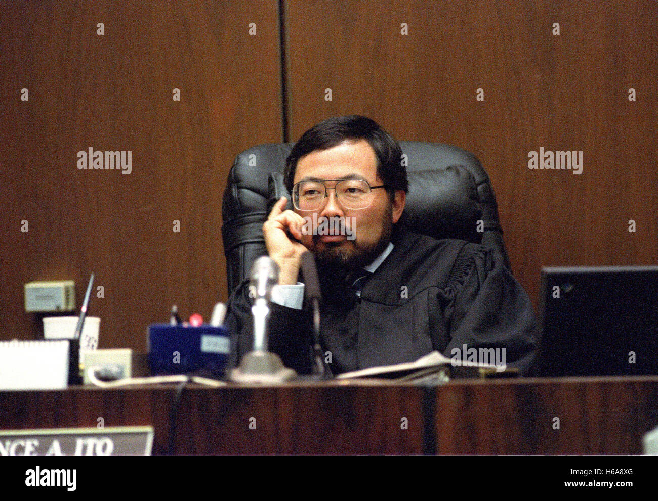 July 13, 1995 - Los Angeles, California, United States of America - Superior Court Judge Lance Ito presides during the trial of former NFL star running back O.J. Simpson for the murder of his former wife, Nicole Brown Simpson and a friend of hers, restaurant waiter, Ron Goldman in Los Angeles County Superior Court in Los Angeles, California on July 13, 1995..Credit: Steve Grayson / Pool via CNP (Credit Image: © Steve Grayson/CNP via ZUMA Wire) Stock Photo
