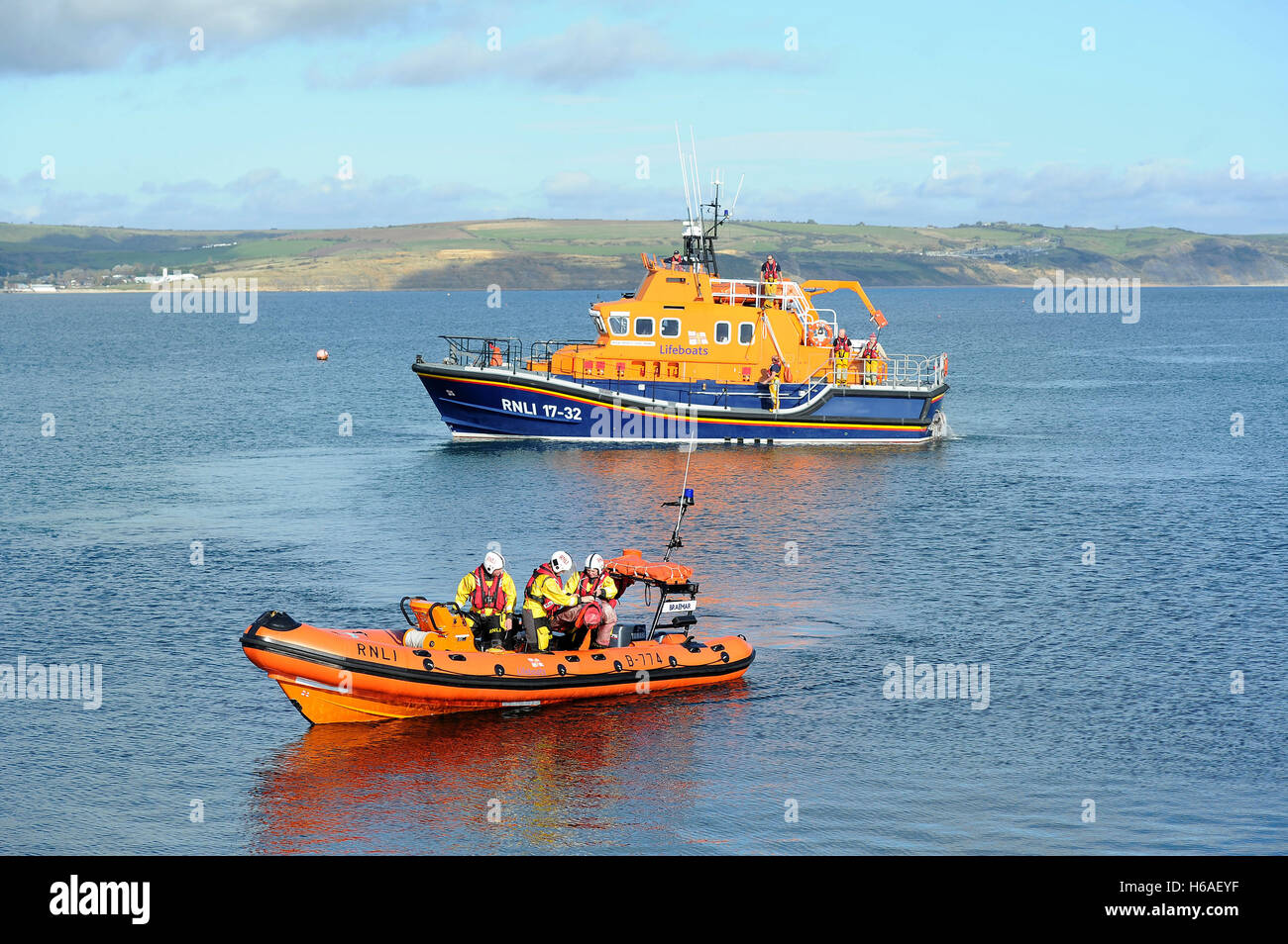 RNLI Lifeboat and Inshore Lifeboat, Weymouth, Dorset, UK Stock Photo