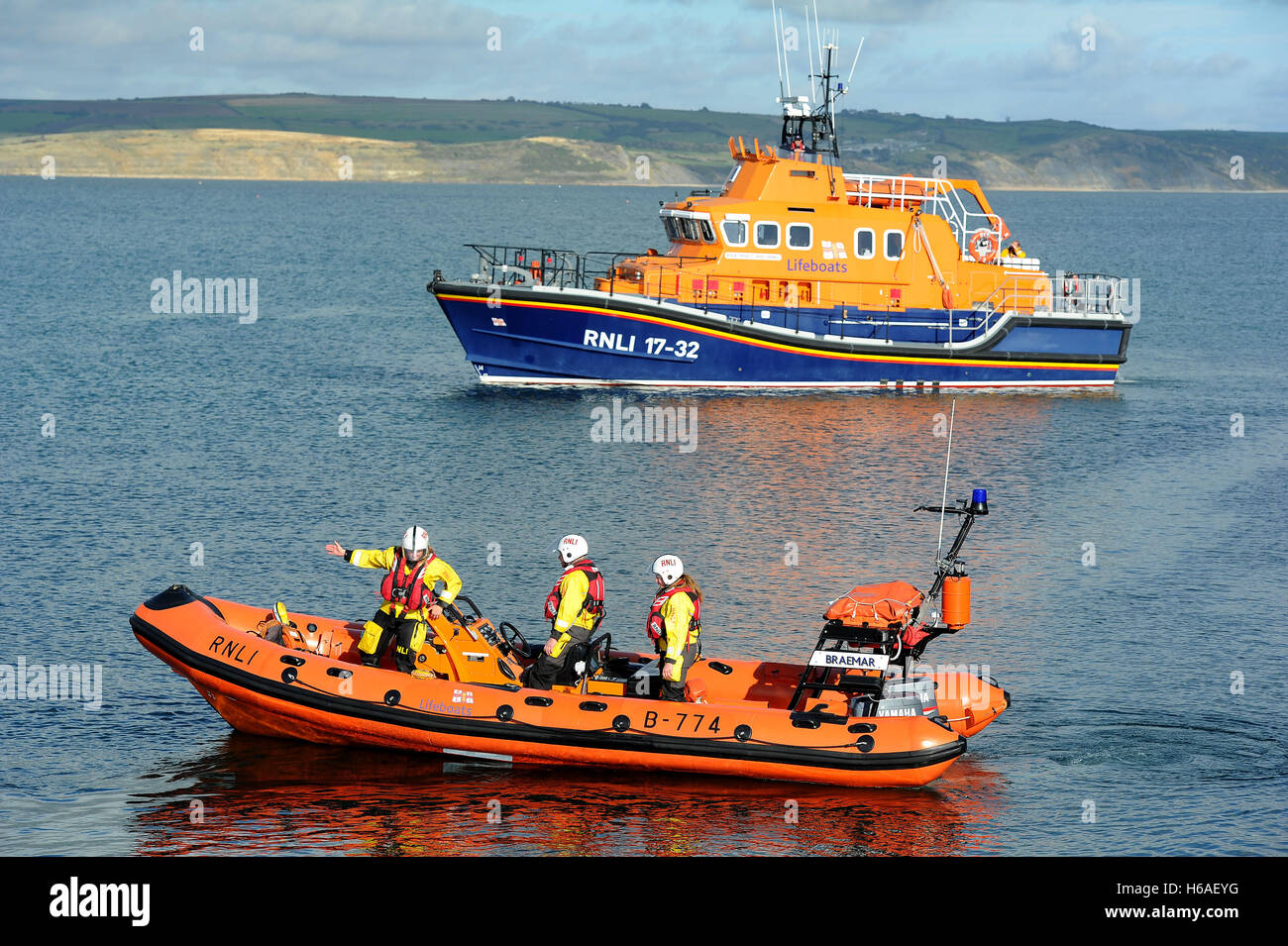RNLI Lifeboat and Inshore Lifeboat, Weymouth, Dorset, UK Stock Photo