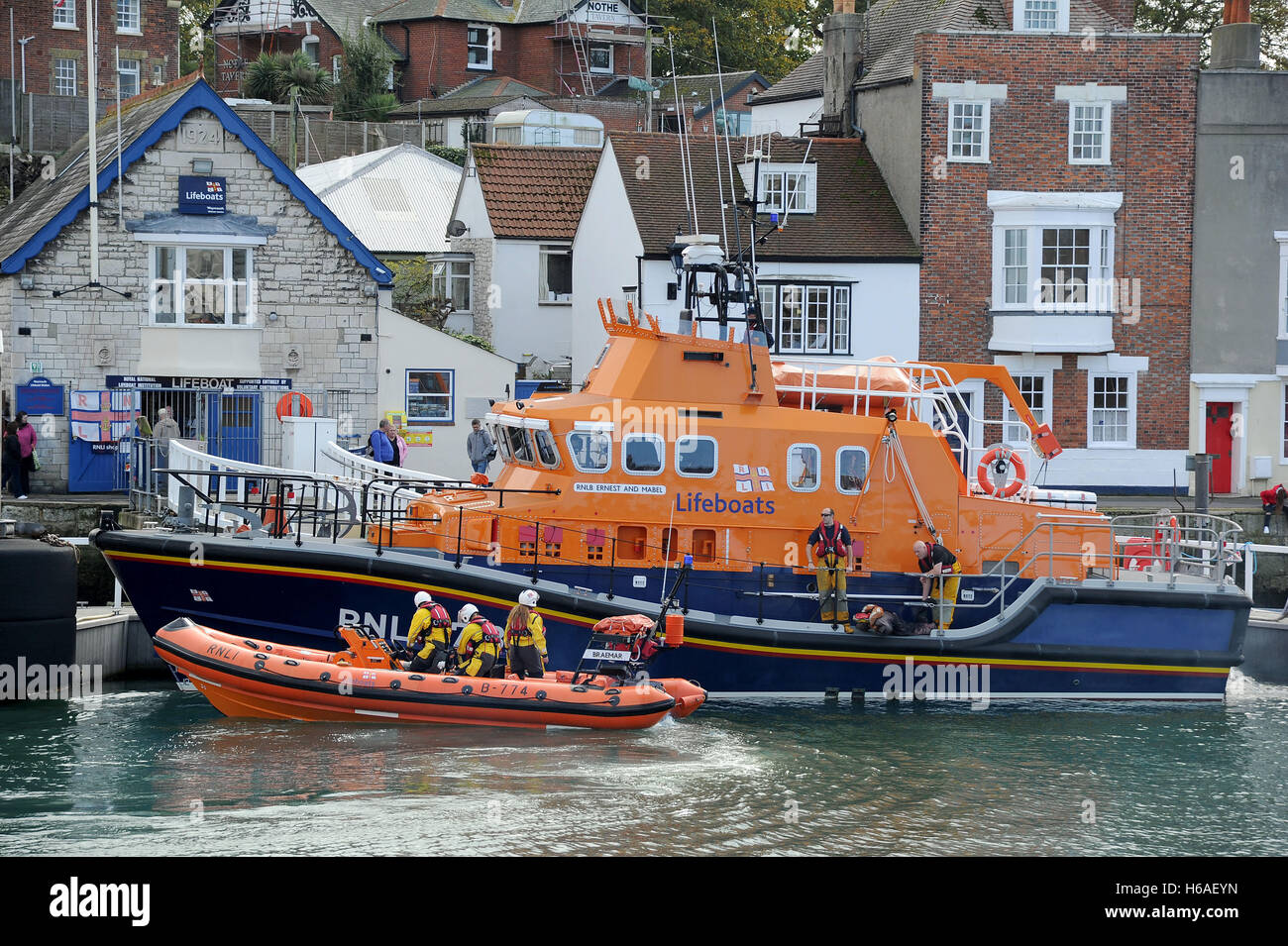 RNLI Lifeboat and Inshore Lifeboat, Weymouth, Dorset, UK Stock Photo