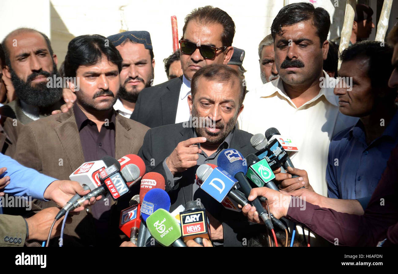 Leader of Muttahida Qaumi Movement (MQM-P) Dr. Farooq Sattar talking to media persons as he arrive Civil Hospital Quetta to inquire about health of cadets who injured during terrorists' attack on Police Training Center, on Wednesday, October 26, 2016. Stock Photo