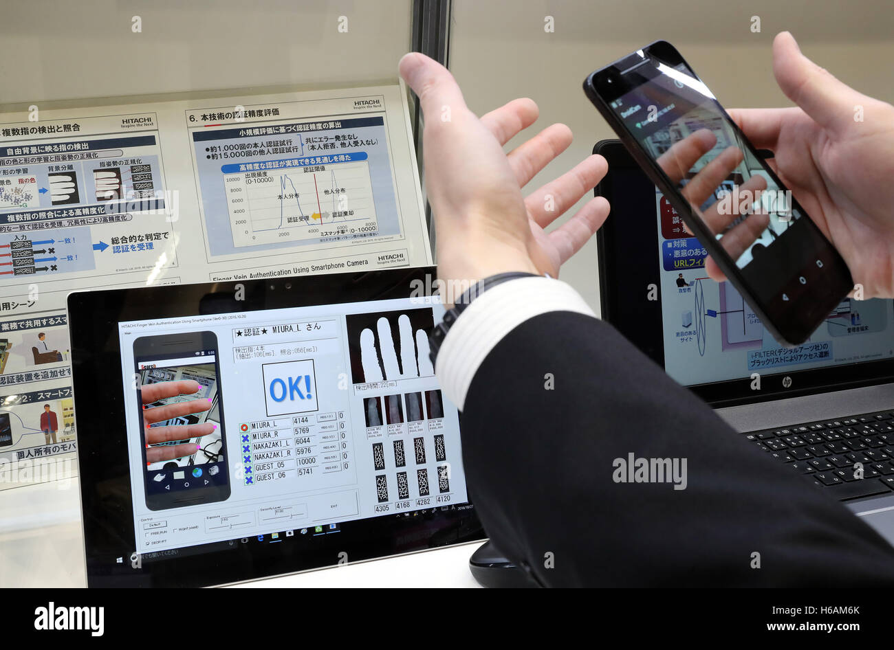Tokyo Japan 27th Oct 2016 Japanese Electronics Giant Hitachi Employee Demonstrates The Personal Identification Technology Using A Smartphone At The Company S High Tech Exhibition Hitachi Social Innovation Forum In Tokyo On Thursday