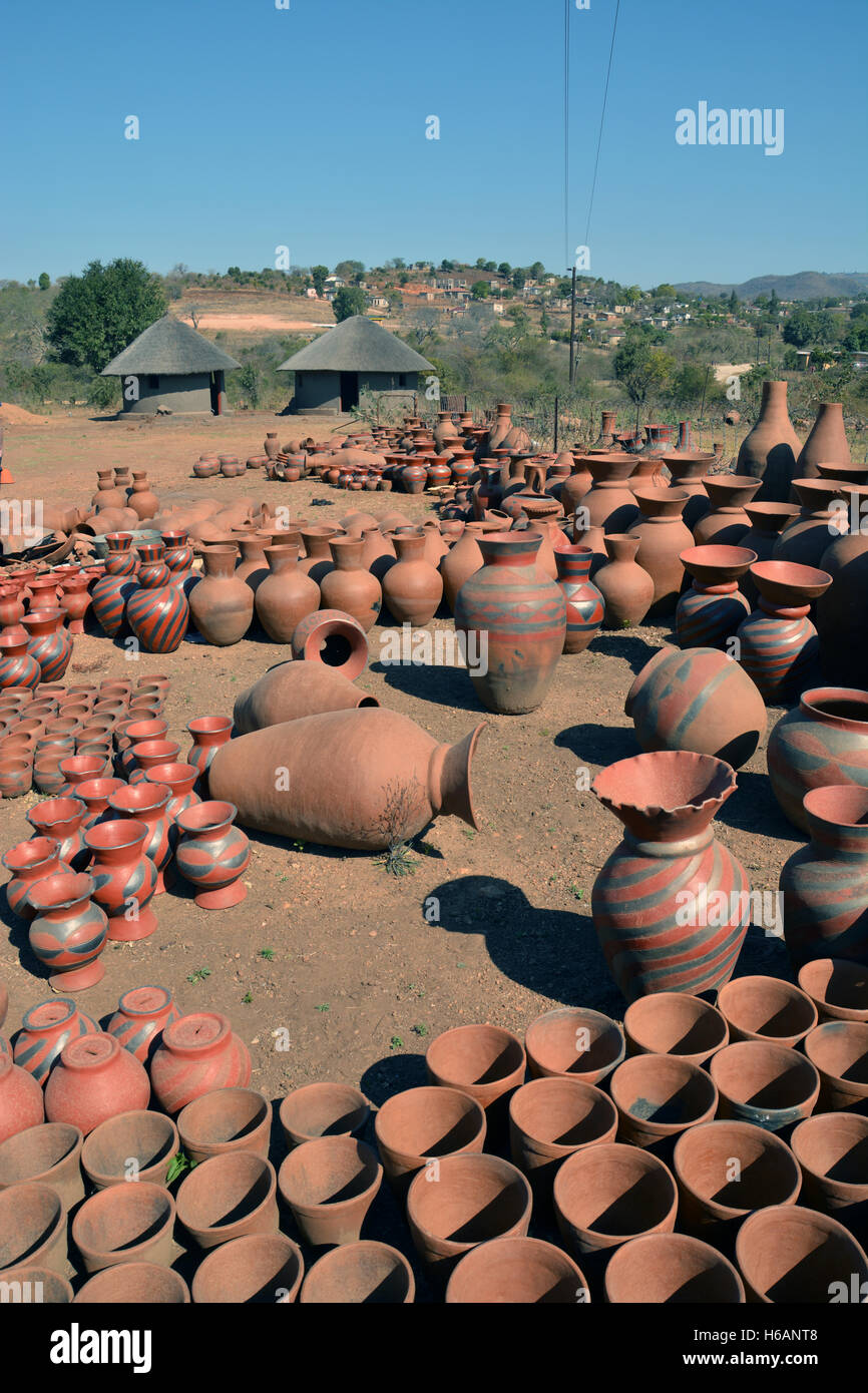 Clay pots made at the Mukondeni Pottery Factory are available for sale to the locals and tourists in the Northern Limpopo region of South Africa. Stock Photo