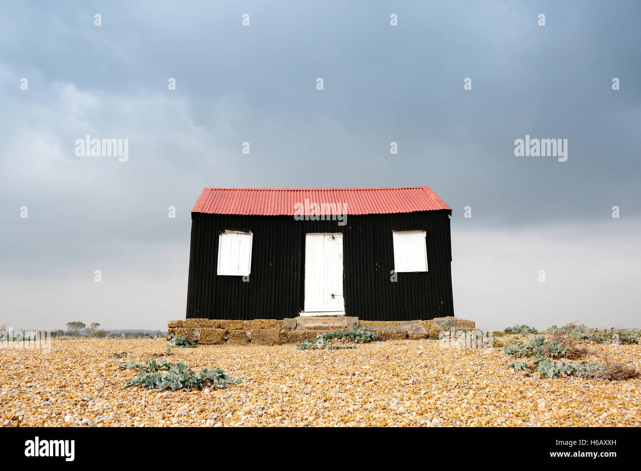 The famous red hut at Rye Harbour on the south coast of Rye, England Stock Photo