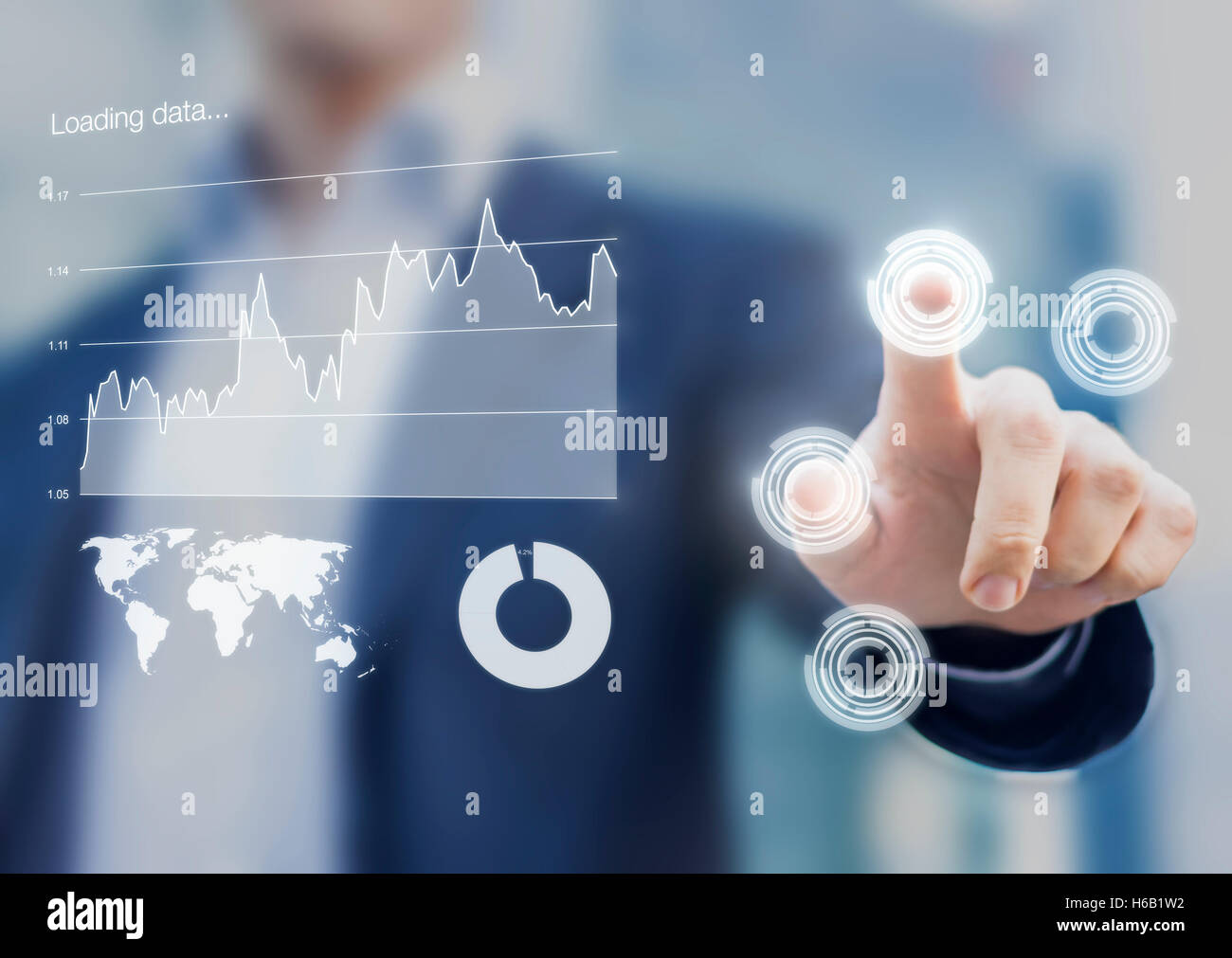 Head-up display interface showing business intelligence dashboard and charts with businessman fingers touching virtual buttons Stock Photo