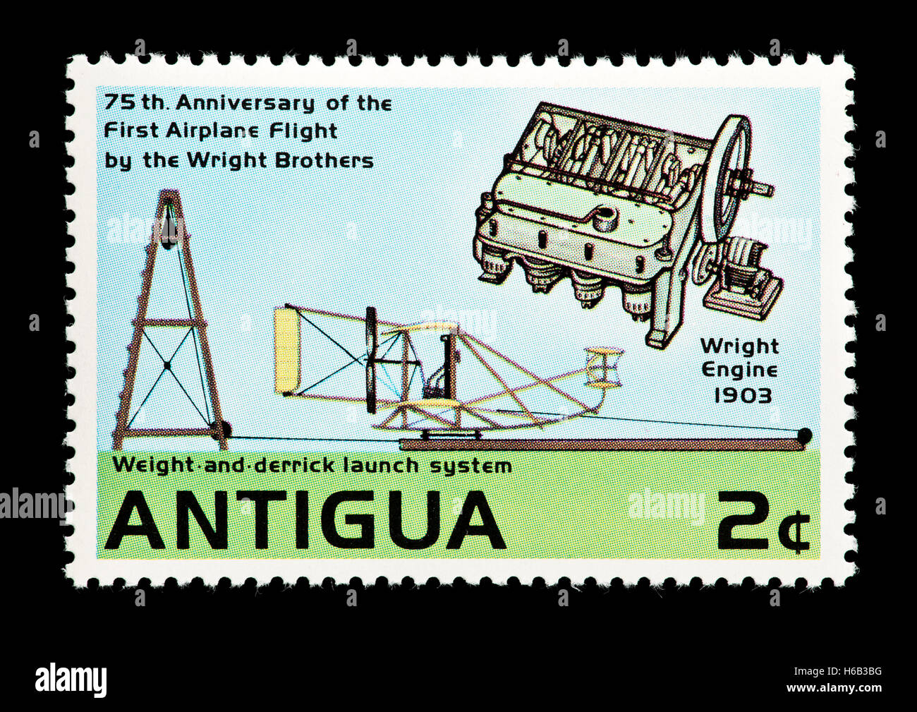 Postage stamp from Antigua depicting a weight and derrick launch system