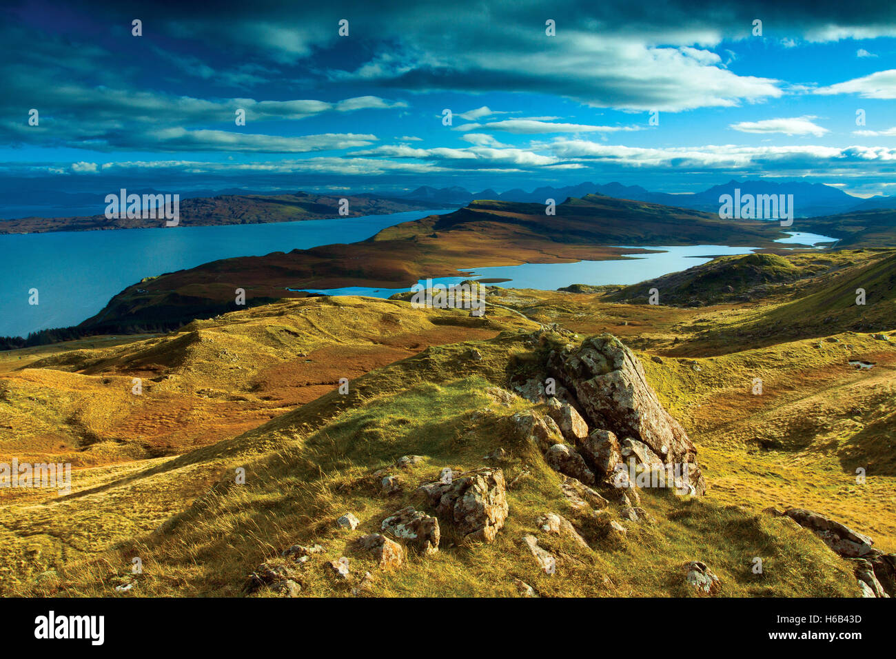 The Cuillin and Loch Leathan from The Storr, Isle of Skye, Inner Hebrides, Highland Stock Photo