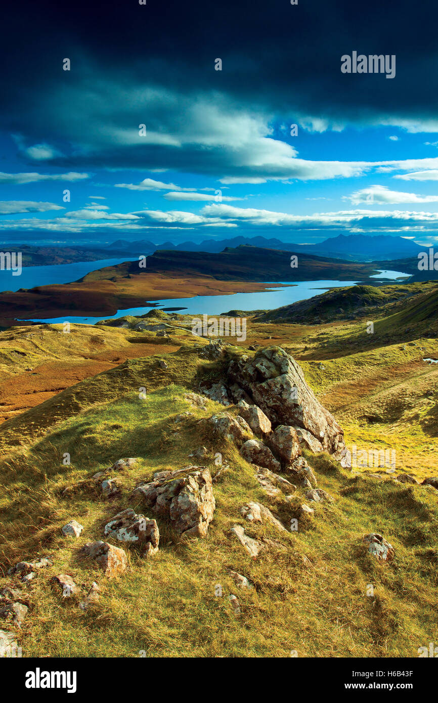 The Old Man of Storr and the Cuillin, Isle of Skye, Inner Hebrides, Highland Stock Photo