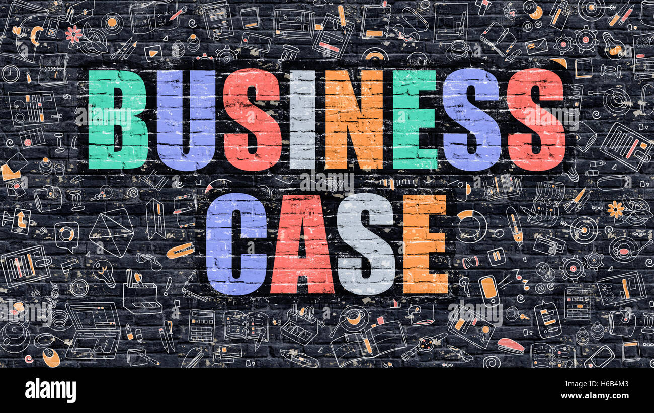 Multicolor Business Case on Dark Brickwall. Doodle Style. Stock Photo