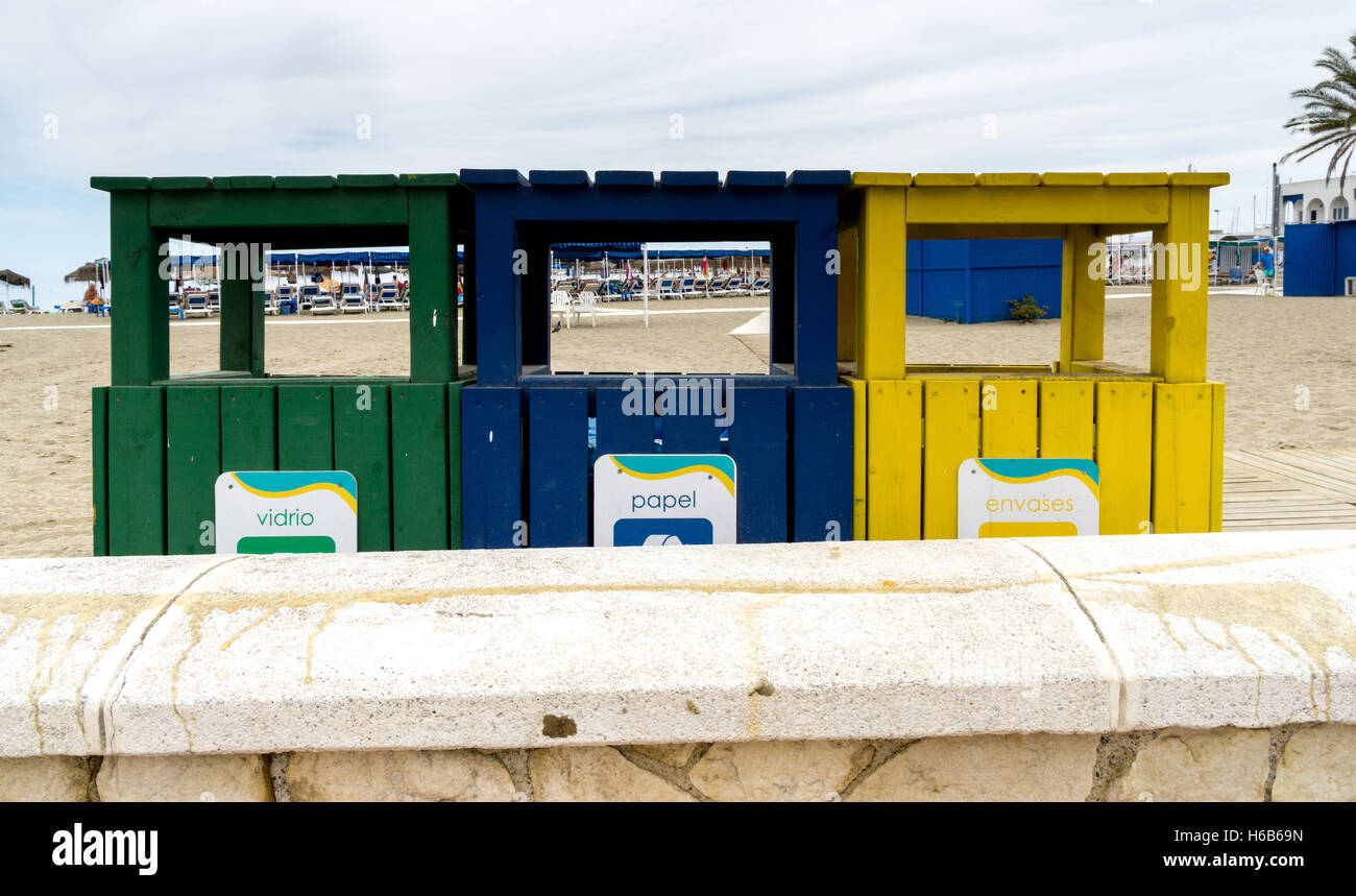 Three recycling bins on the beach at Fuengirola, Spain Stock Photo Alamy