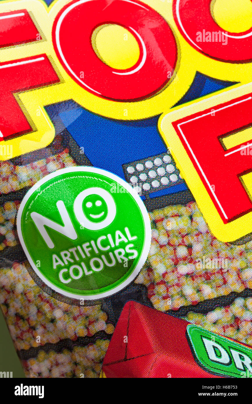 No artificial colours sign on packet of Football Fever sweets Stock Photo