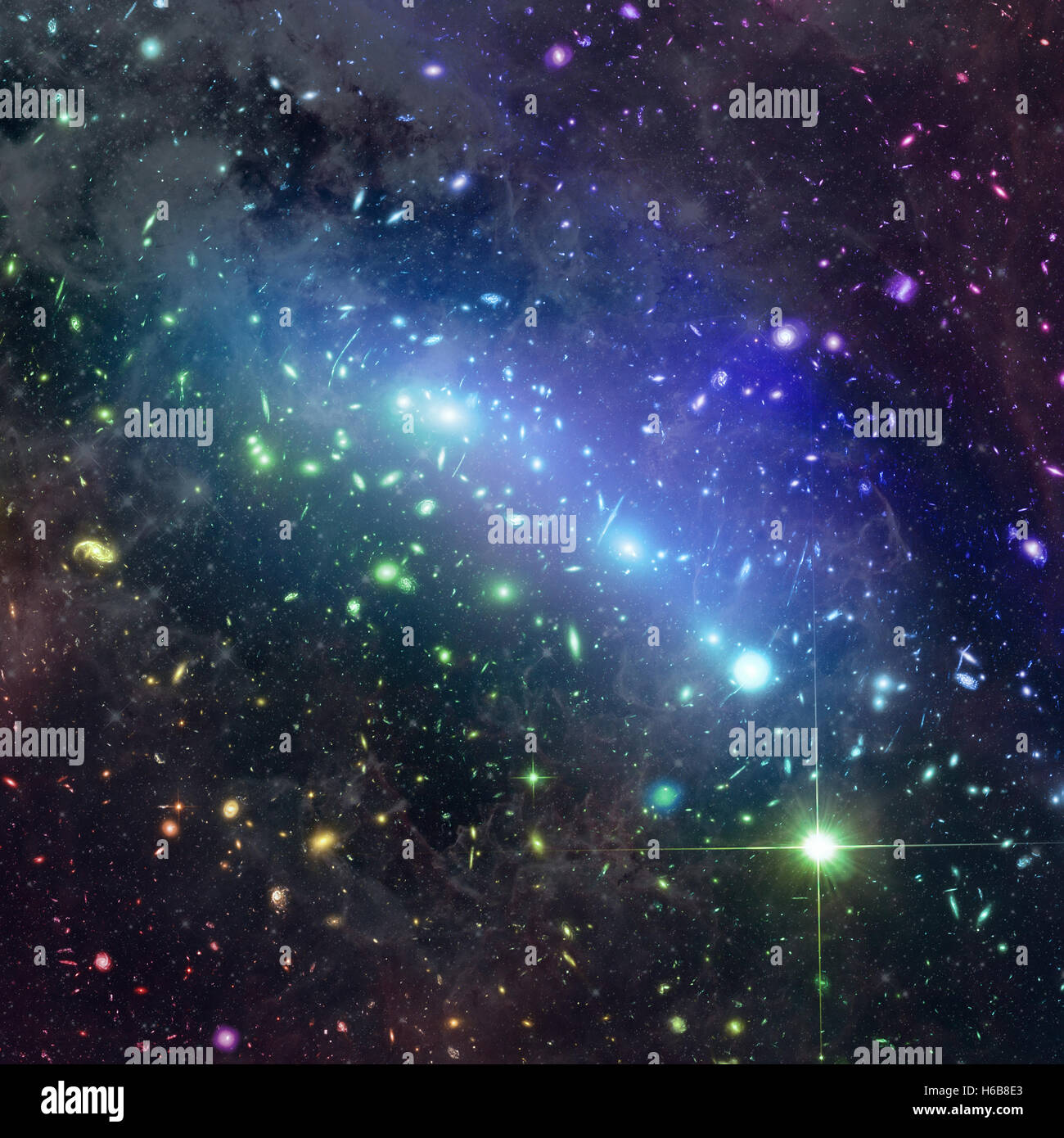 Cosmic kaleidoscope of galaxy clusters, forming a single object known as MACS J0416. Stock Photo