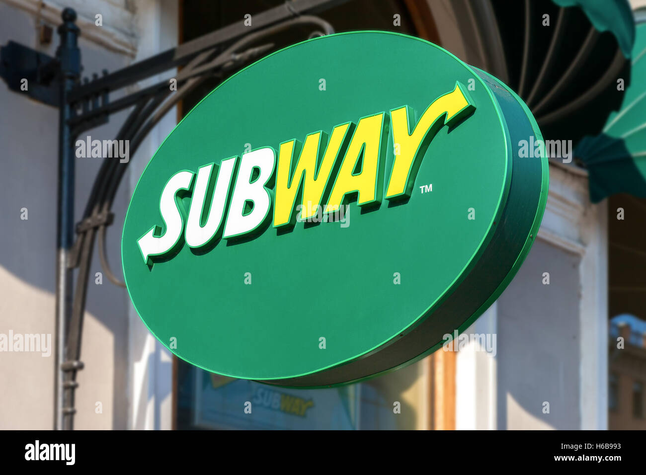 Subway fast food restaurant sign. Subway is an American fast food restaurant franchise that primarily sells sandwiches Stock Photo