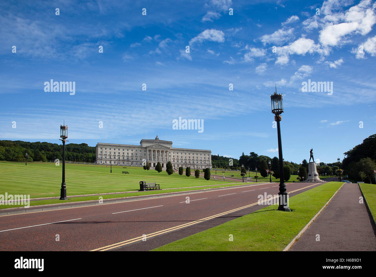 Ireland, North, Belfast, Stormont assembly building with statue of Lord