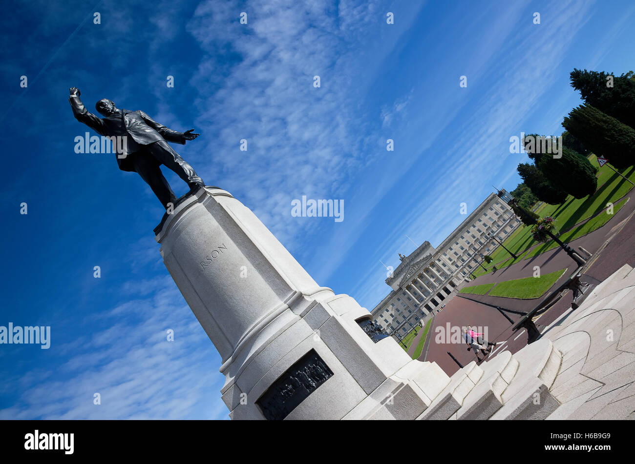 Ireland, North, Belfast, Stormont assembly building with statue of Lord