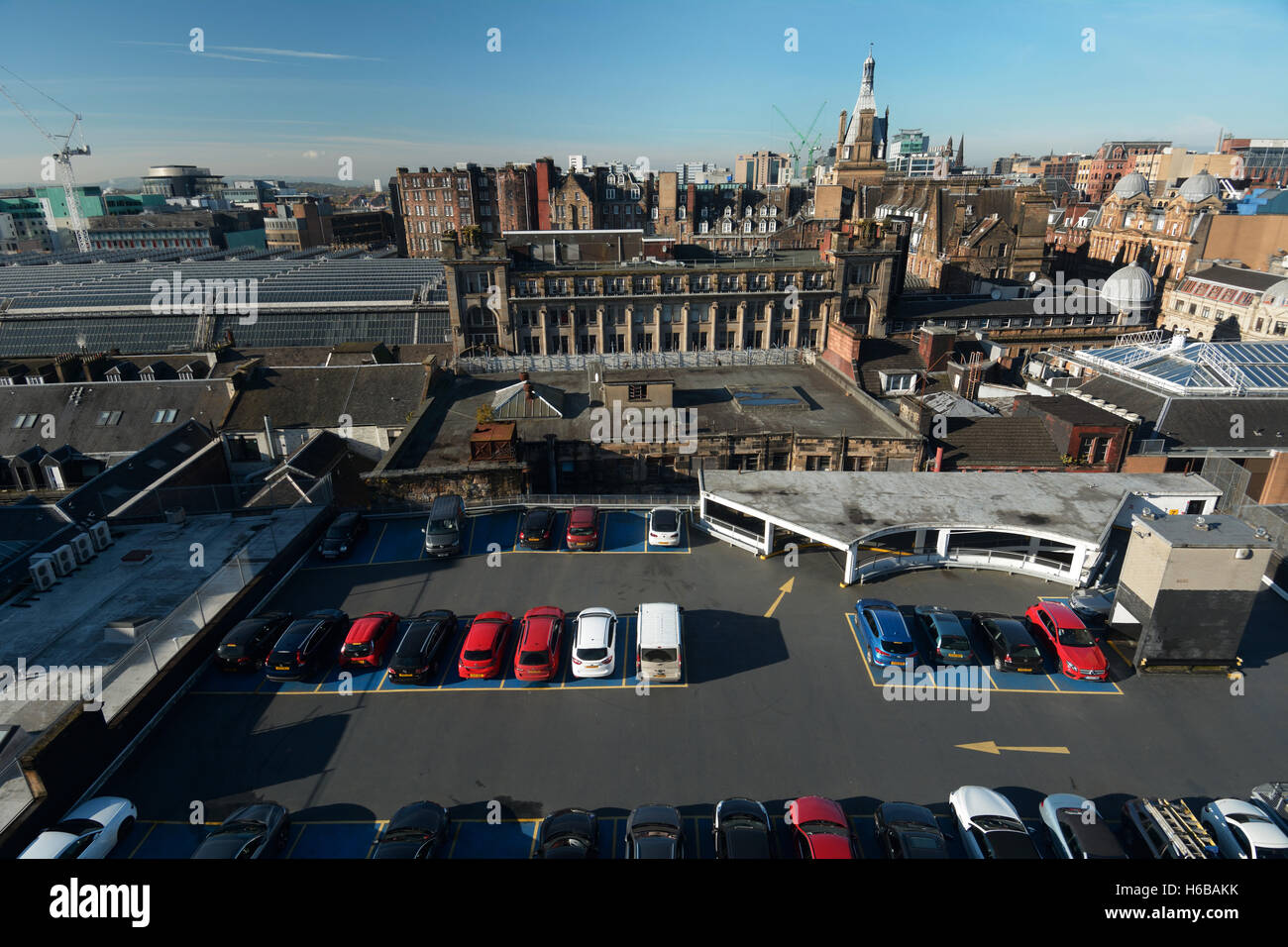 United Kingdom, Scotland, Glasgow, view from the top of the Lighthouse, Mackintosh tower, rooftop parking lot Stock Photo