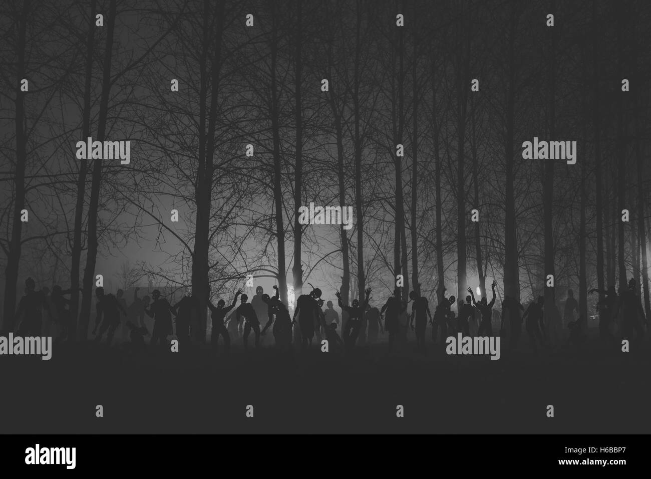 crowd of hungry zombies in the woods. Silhouettes of scary zombies walking in the forest at night. Black and white version Stock Photo