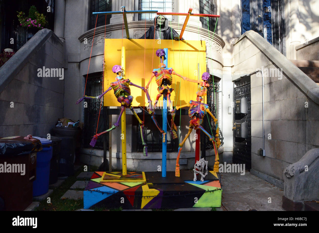 halloween decoration on park slope house brooklyn colourful skeletons