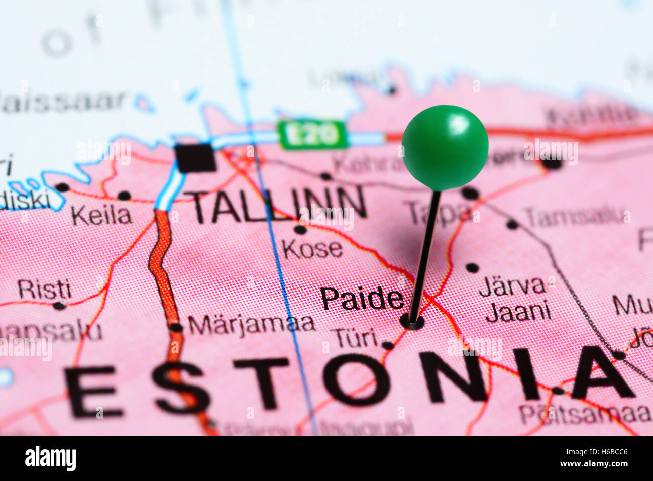 Paide pinned on a map of Estonia Stock Photo