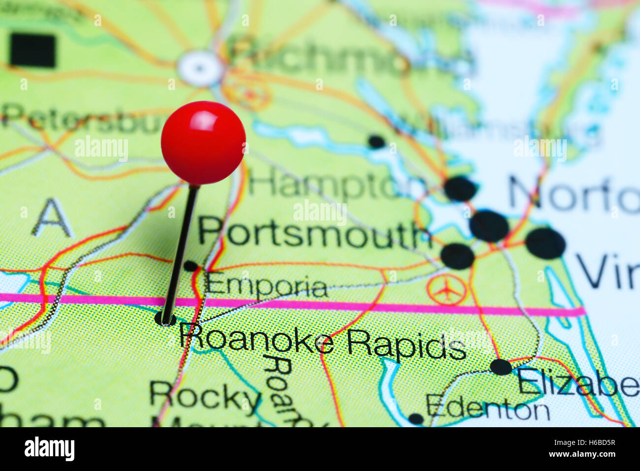 Roanoke Rapids pinned on a map of North Carolina, USA Stock Photo. 