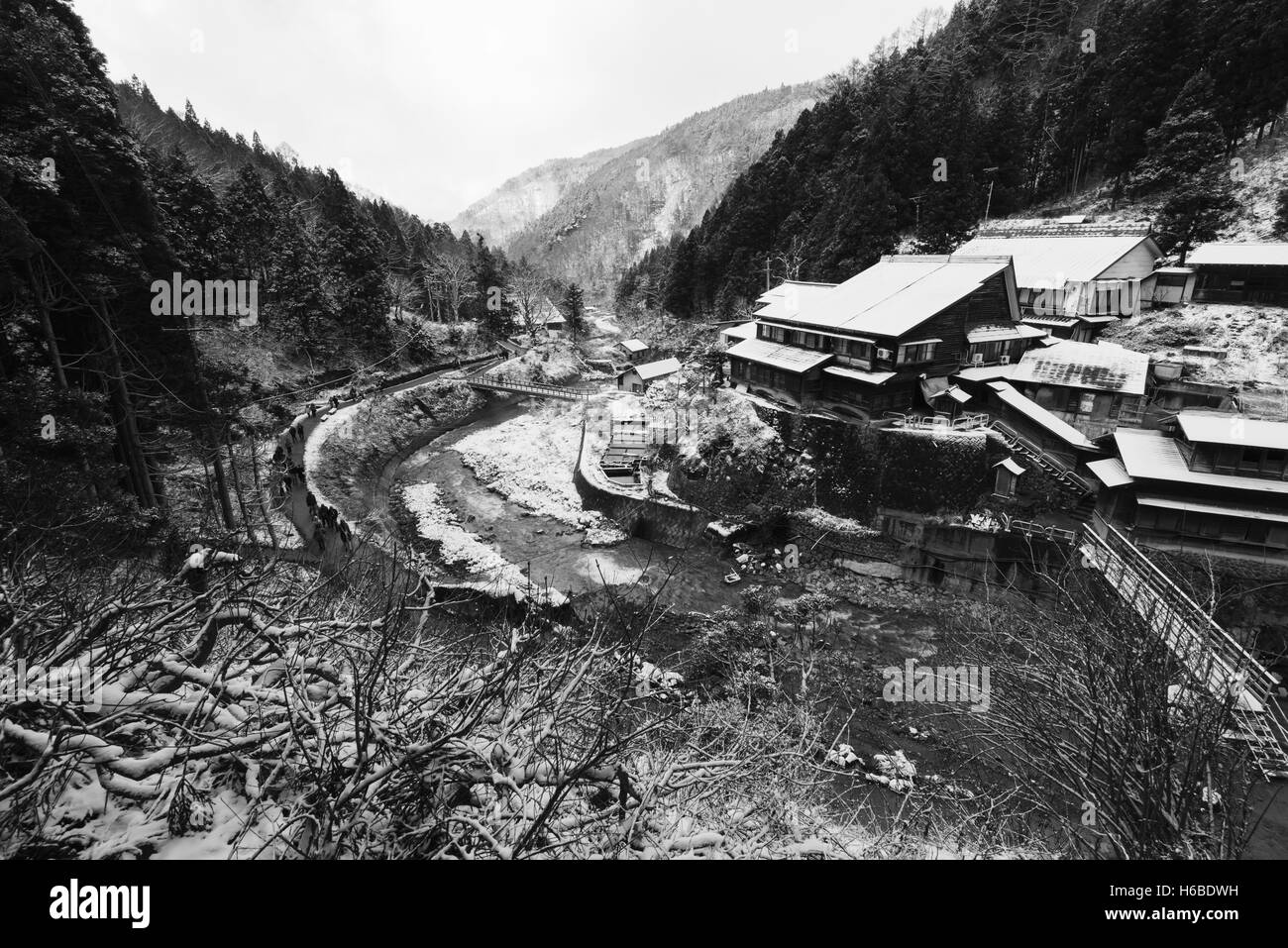 Nagano, Japan - December 26, 2015: Korakukan Ryokan near Snow Monkey Park, Yamanouchi, Japan. A ryokan  is a type of traditional Stock Photo