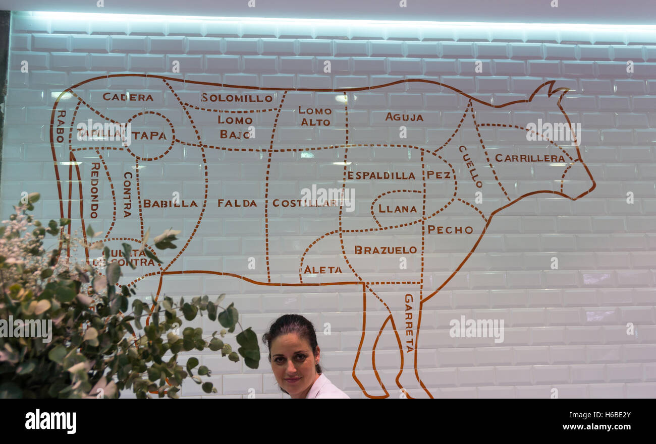 A butcher in Valencia market stands in front of a diagram showing cuts of meat in Spanish. Stock Photo