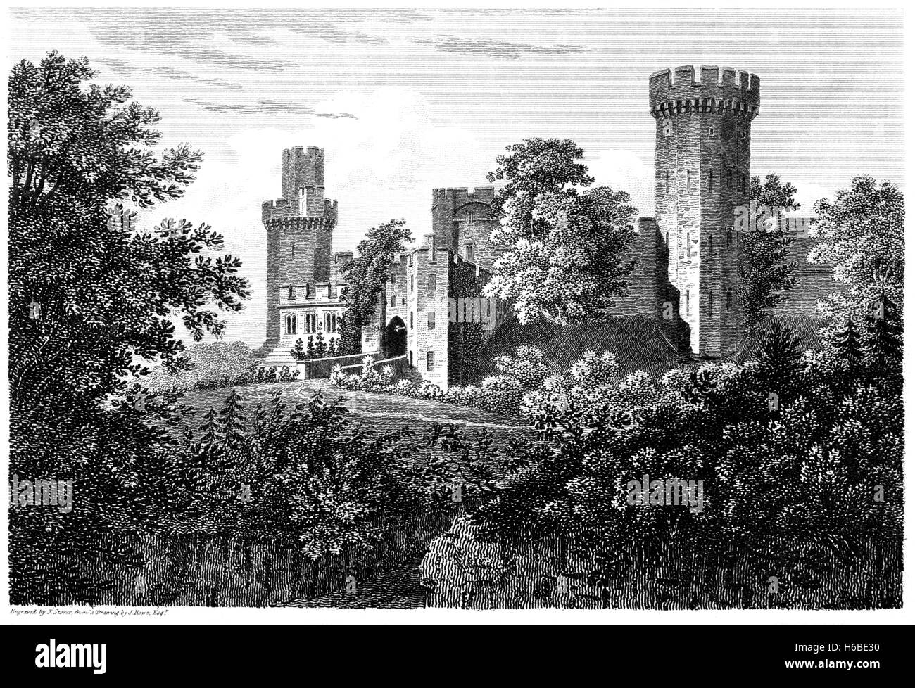 An engraving of Warwick Castle scanned at high resolution from a book printed in 1812. Believed copyright free. Stock Photo
