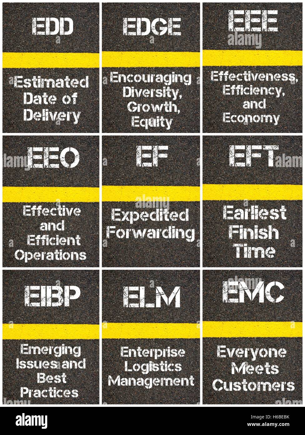 Photo collage of Business Acronyms written over road marking yellow paint line Stock Photo