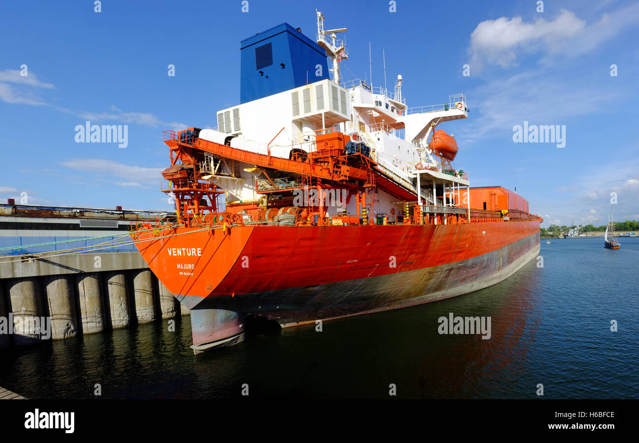 The rear of a large ship in the Harbour in Montreal Stock Photo