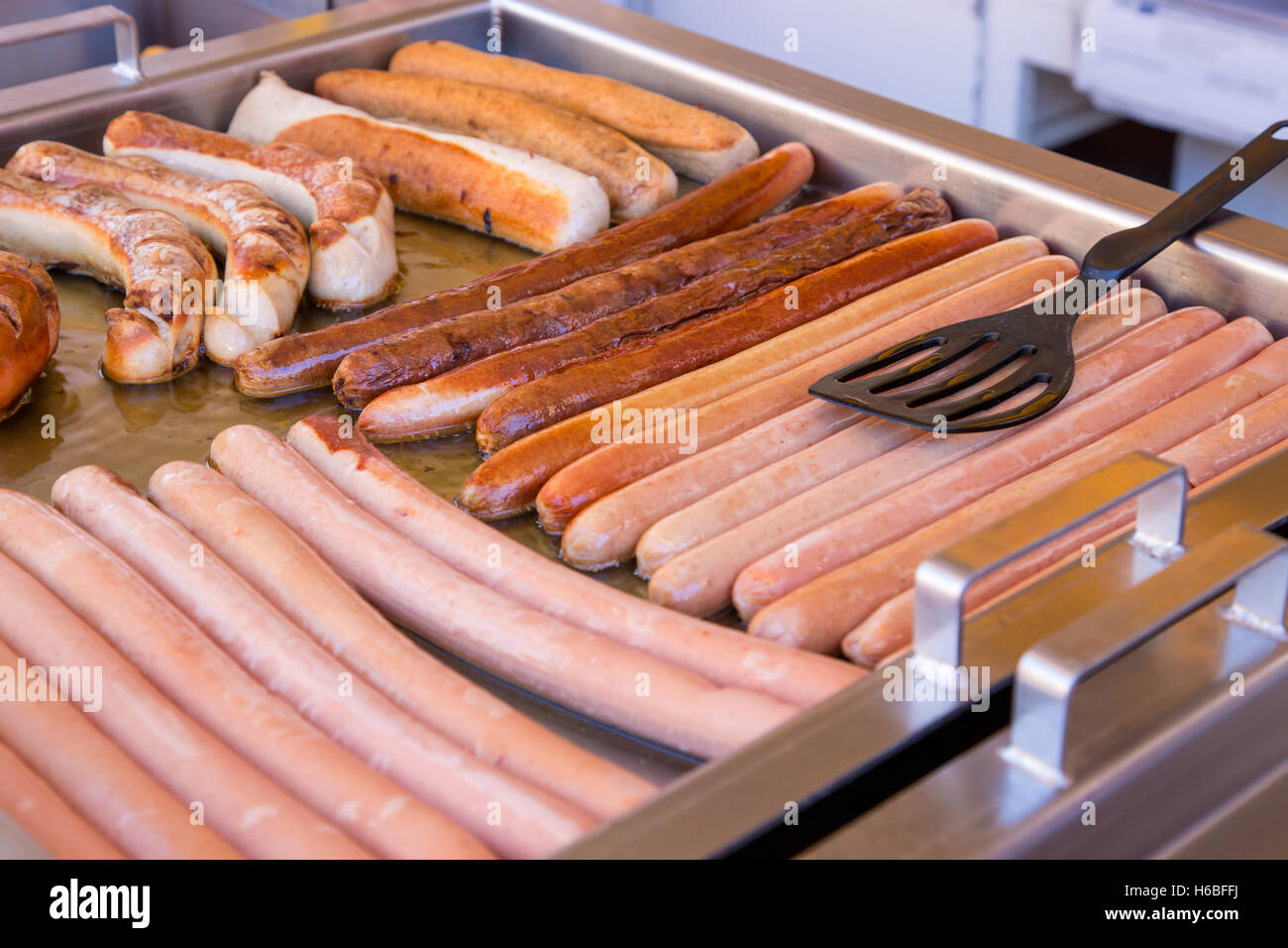 German Wurst sausages for sale on a market stall, Freiburg im Breisgau, Germany Stock Photo