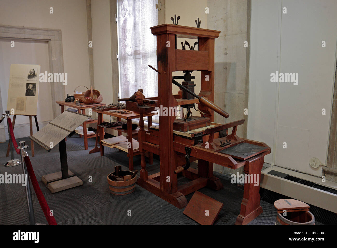 A colonial printing press inside the Federal Hall National Memorial, Wall Street, Manhattan, New York, United States. Stock Photo