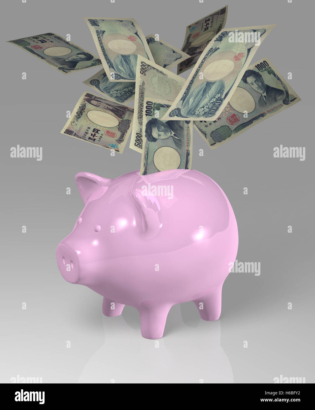 Piggy bank with yen notes 3D Stock Photo