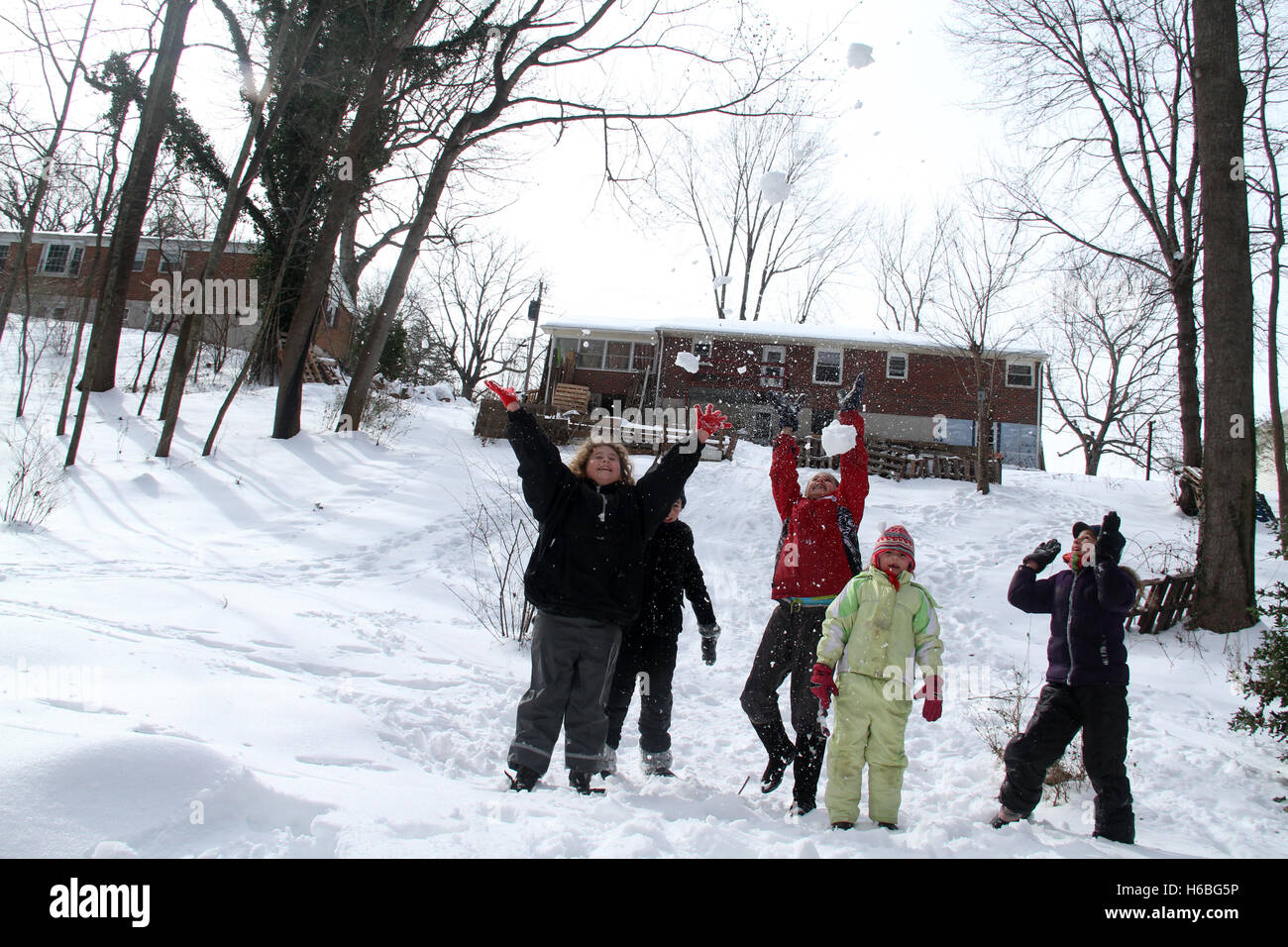Group of children playing with snow in backyard Stock Photo - Alamy